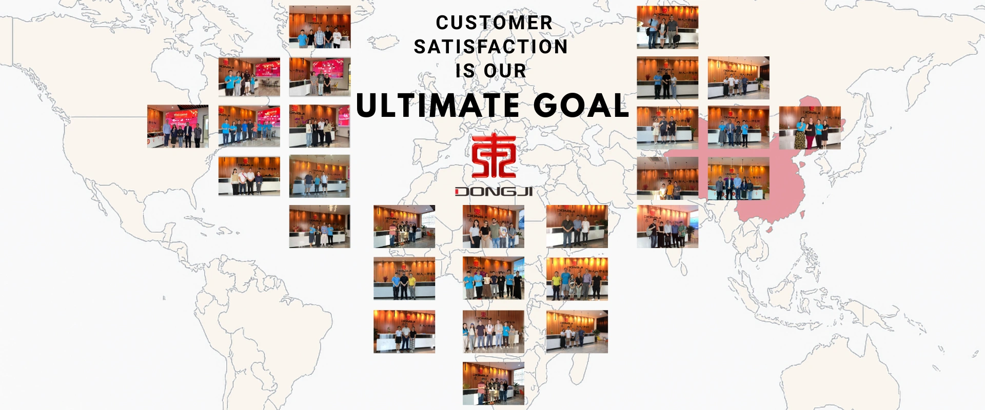 Global customer satisfaction and OEM manufacturing cooperation cases showing Dongji industrial equipment clients worldwide including Europe, Asia, and Americas